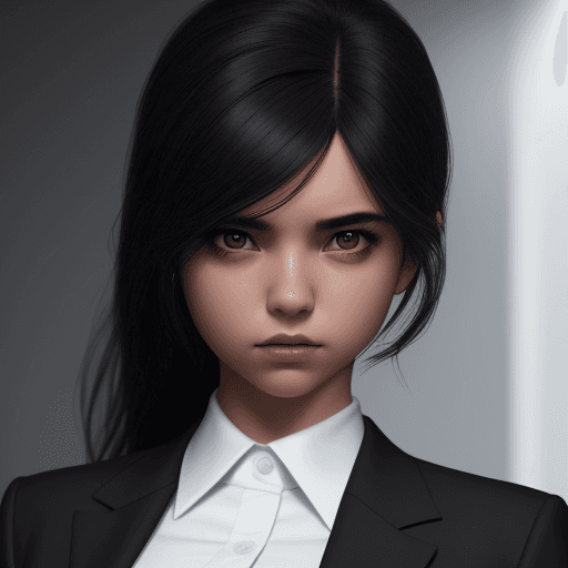AI generated: A   girl  black hair and wearing a black suit and white shirt, not realistic, detailed, studio light...