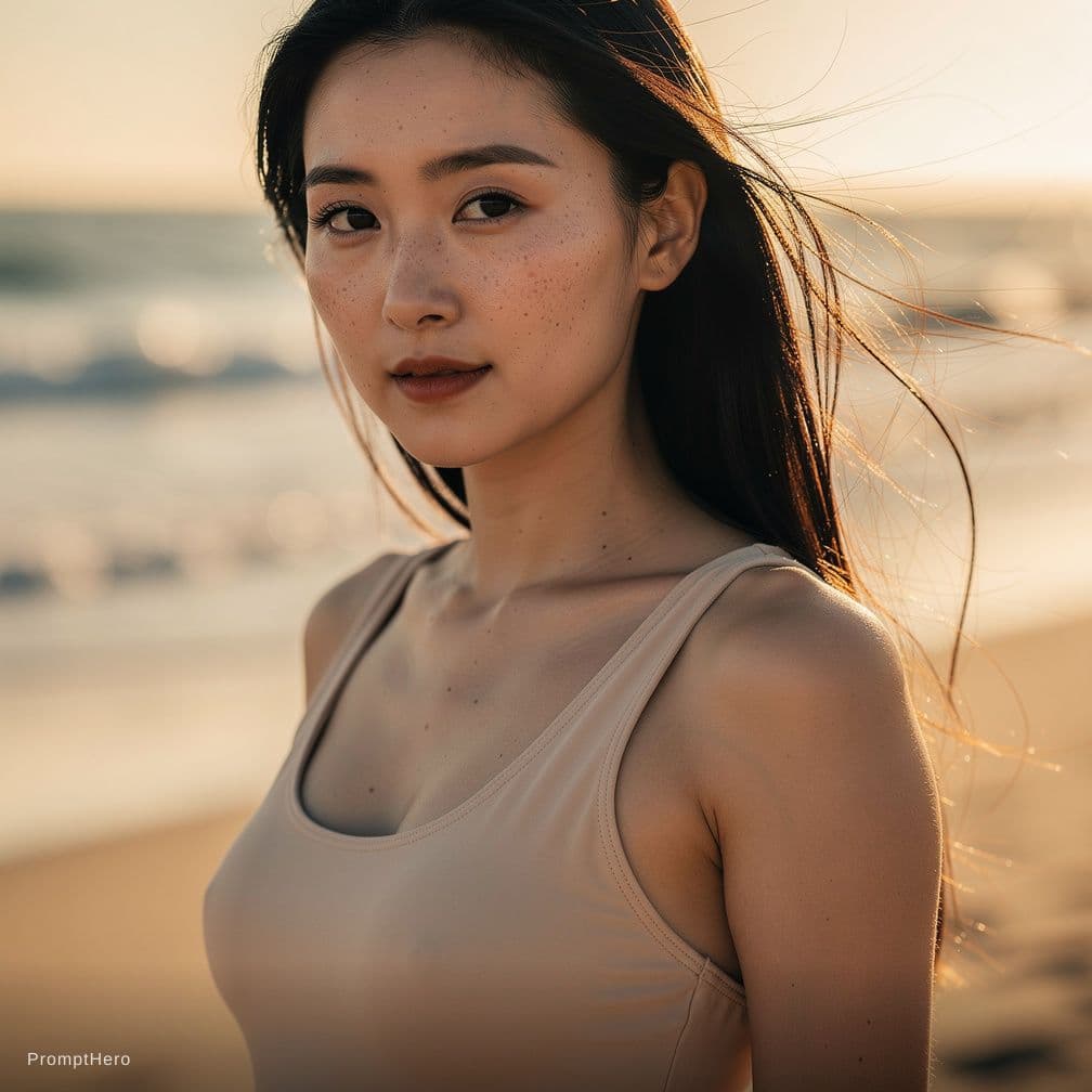 AI generated: NSFW, upper body macro close-up, chinese woman standing in beach, long black hair, pale skin, toples...