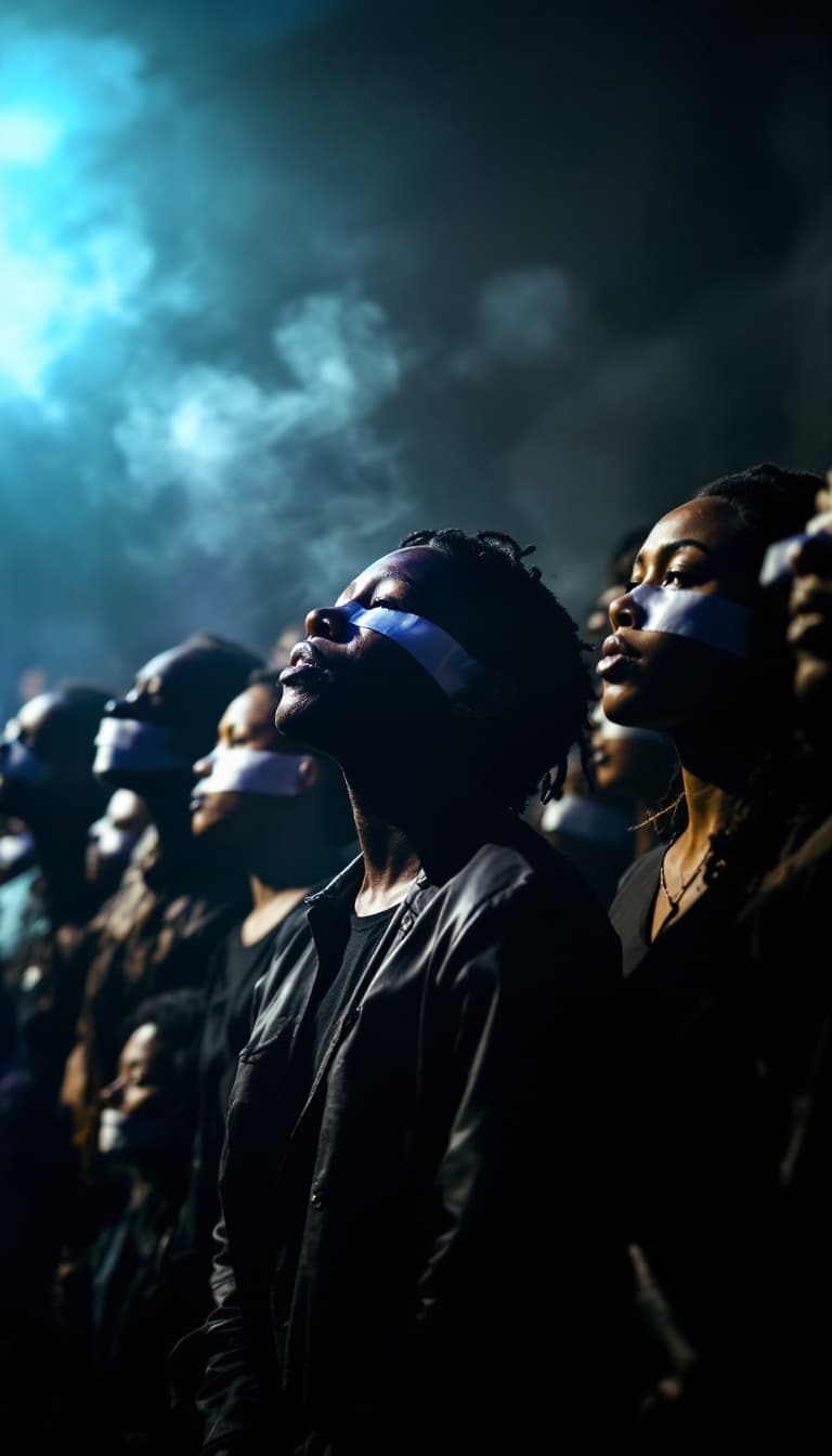 AI generated: A diverse group of people standing in silence with tape over their mouths, one person removing the t...