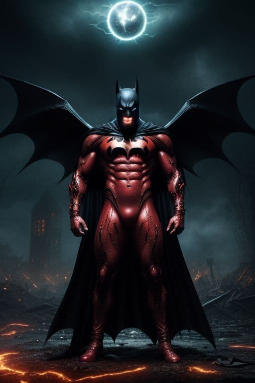 AI generated: Demonic Batman with dark aura around, agressively spinning around in circle with his claws creating ...