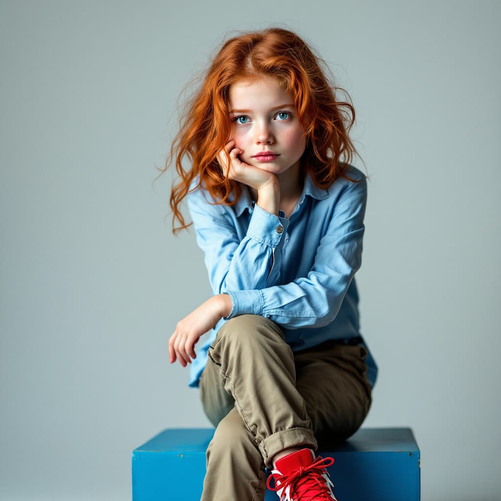 AI generated: studio portrait, photography, Hasselblad H6D-100c, pensive redhead 8 years old girl, wearing light b...