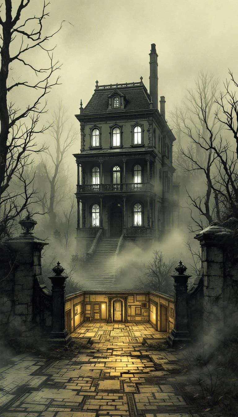 AI generated: An image in a Victorian Penny Dreadful comic style of a gloomy sketch of a three-story building, shr...
