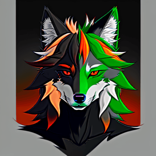 AI generated: wolf-like fursona with 4 different eyes, with all of them containing an ombre of the colors green, o...