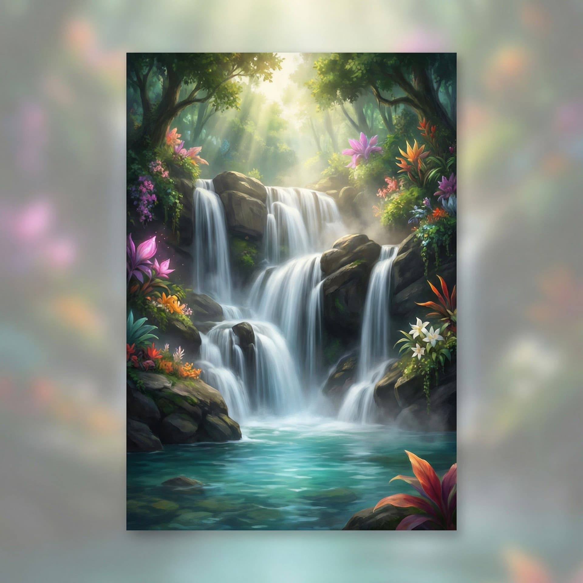 AI generated: A breathtaking fantasy nature landscape featuring a multi-tiered waterfall cascading over smooth dar...