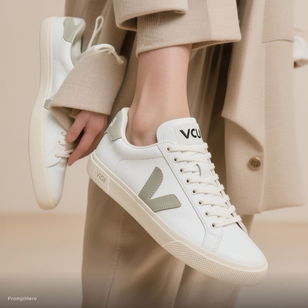 AI generated: A luxury fashion-style UGC ad featuring a young model wearing premium white Veja sneakers, minimalis...