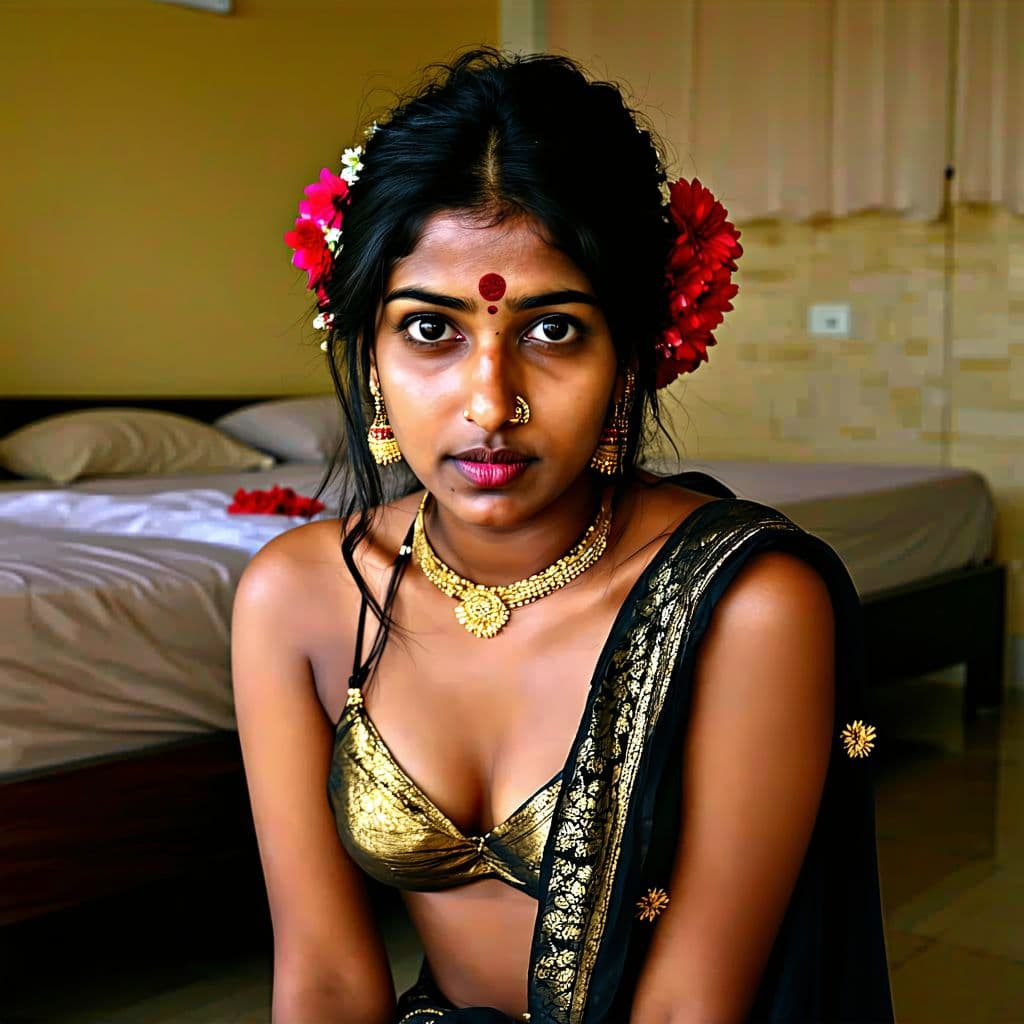 AI generated: Pov camera view, Indian milf on her knees, looking at camera, with lust in her eyes, black hair tied...