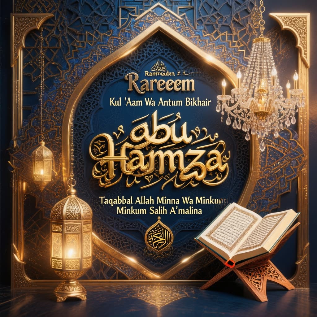 AI generated: A luxurious and professionally designed Islamic Ramadan greeting card. In the center, the name "abu ...