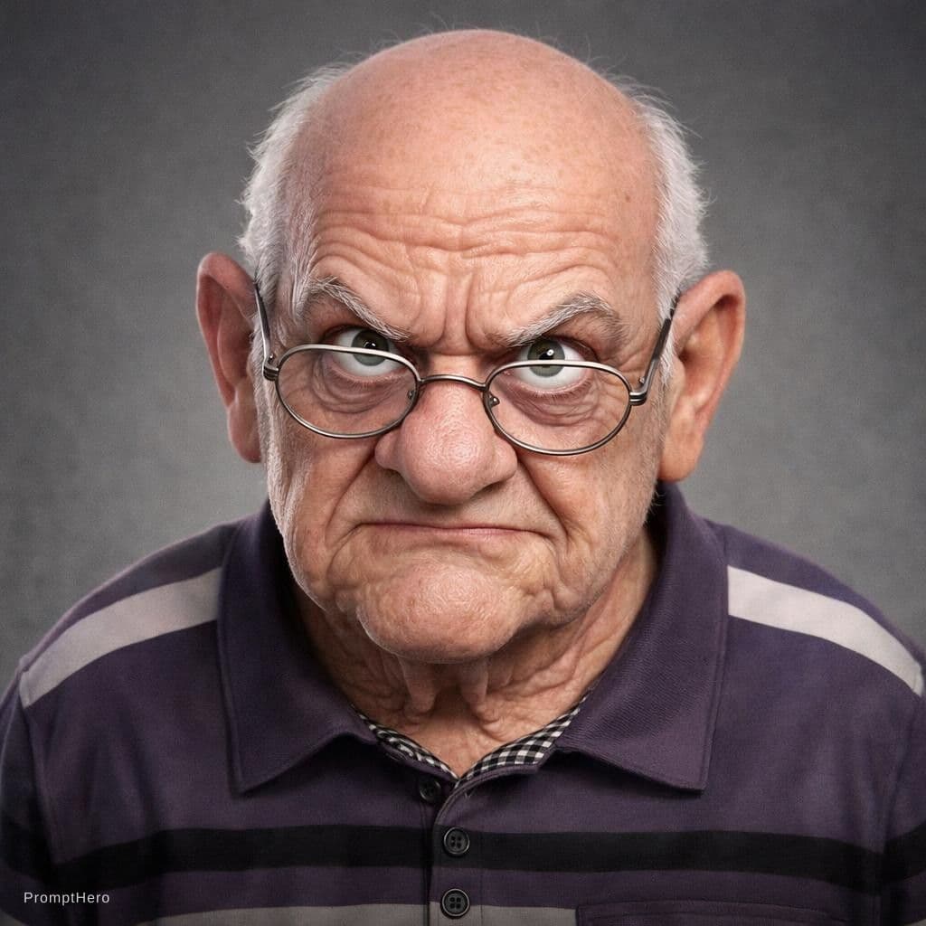 AI generated: Expressive caricature in pixar style unreal charming seemingly mischievous irritated very old man wi...