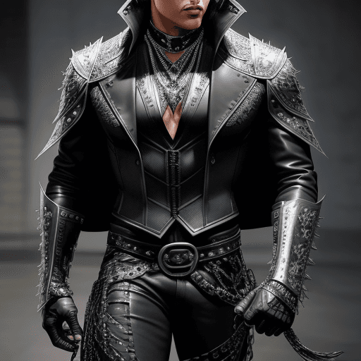 AI generated: male super hero named The Whip, Hispanic, black hair, no symbol, using two whips ((intricate silver ...
