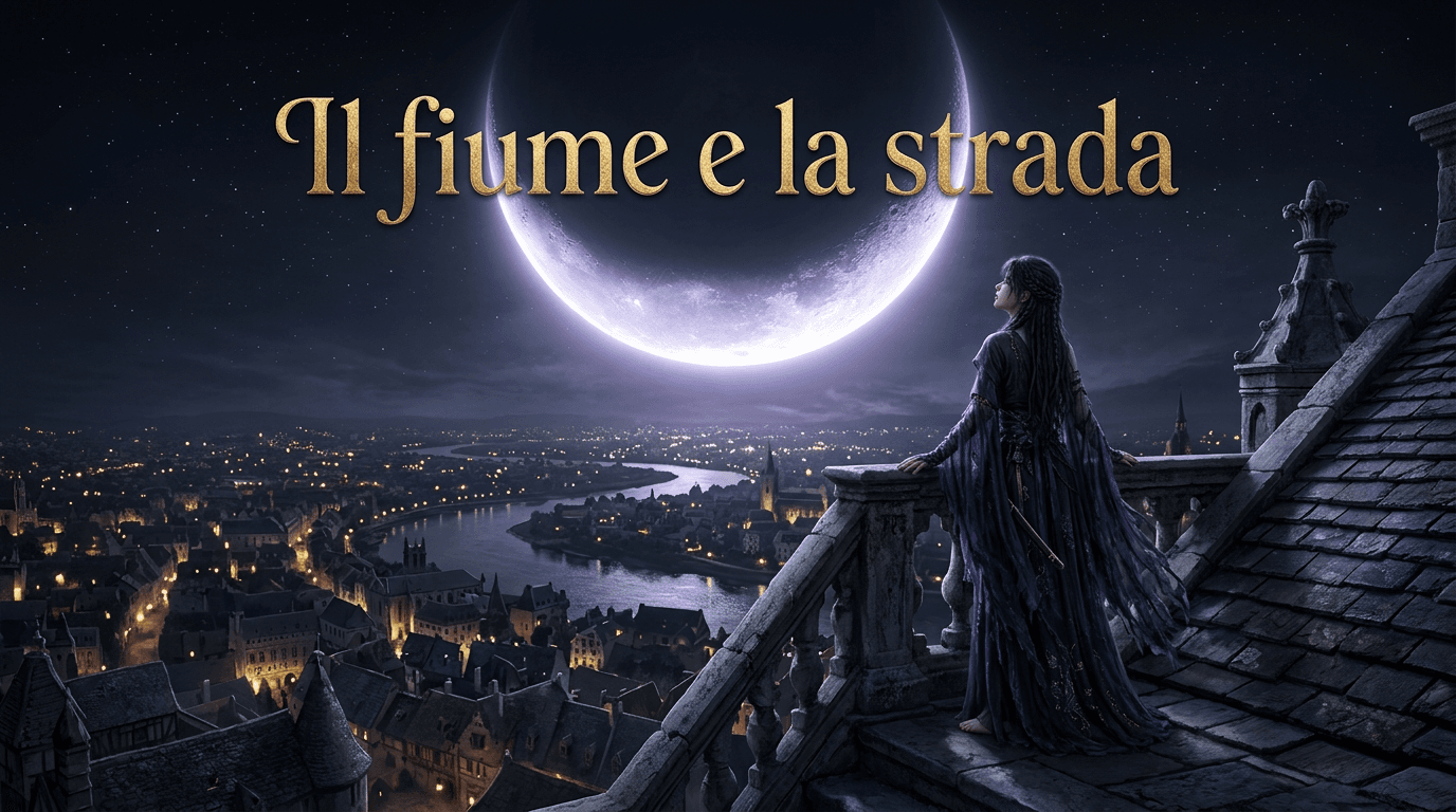 AI generated: Metti questo personaggio di notte, su un tetto di una città medievale, questo personaggio di notte, ...