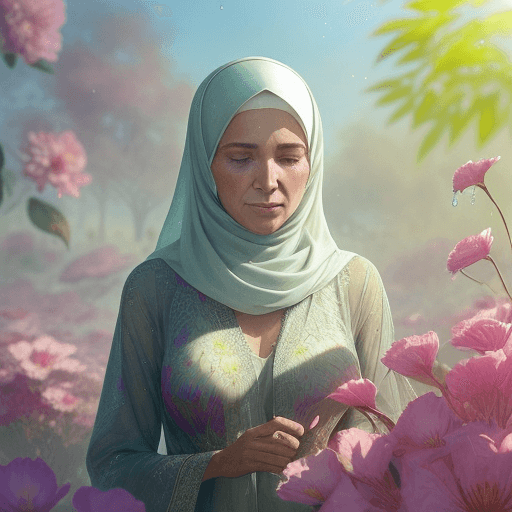 AI generated: Dew drops on petals, Morning sunbeams gently warm, Nature's beauty shines, An old woman wearing a hi...