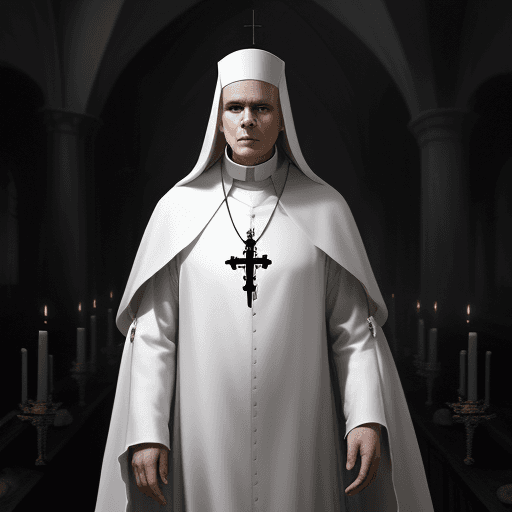 AI generated: archbishop, male, dark fantasy, dark atmosphere, religionist, epic fantasy, blessed, white clothes