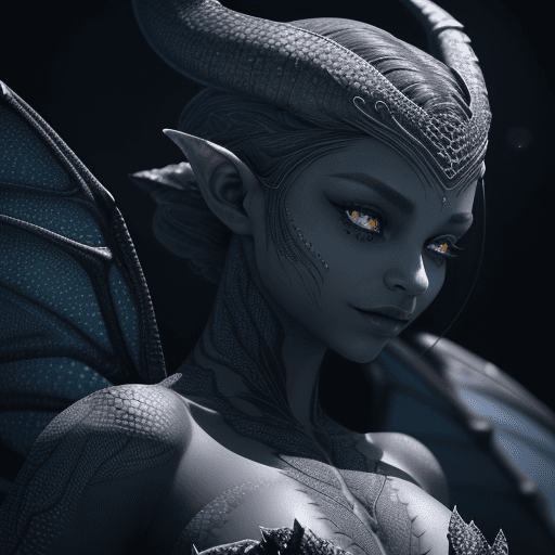 AI generated: Dragon, her scales are imbued with a dark color, The skin between the scales emits a subtle glow, He...