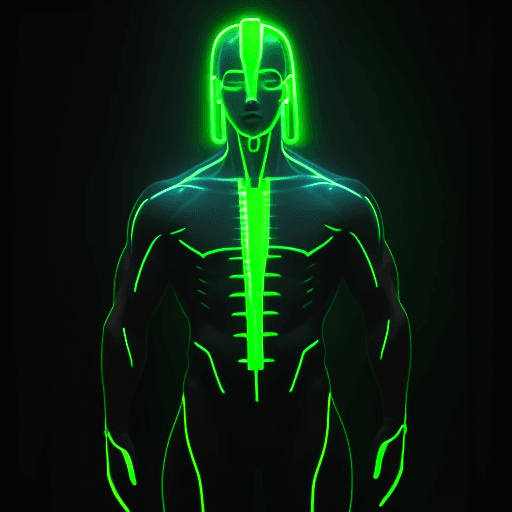 AI generated: Luminous Digital Human Anatomy Amidst Ethereal Lights, A powerful man suspended in the air his body ...