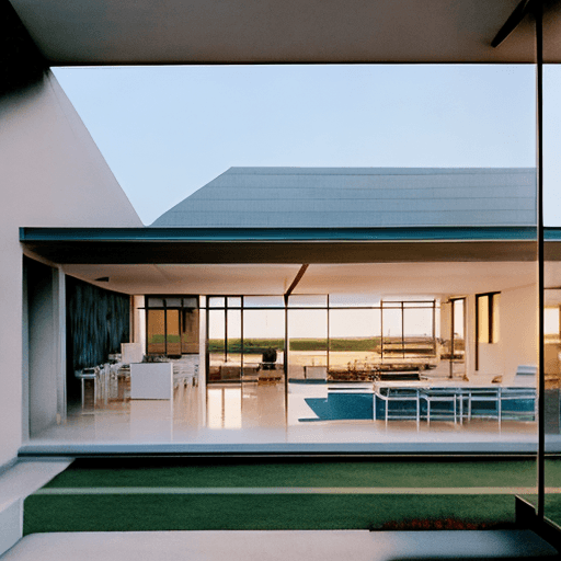 AI generated: Hyper realistic eye level exterior photo of a mid century modern style house overlooking the ocean, ...