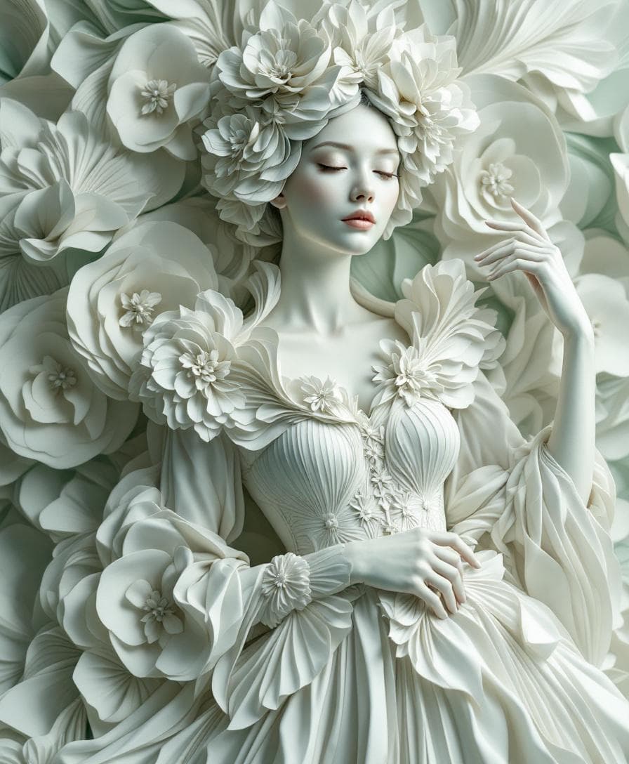 AI generated: A sculptural fine-art portrait of a serene woman dressed in an intricately textured gown that appear...