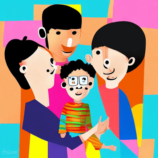 AI generated: illustration art, series of simple, colorful, family, mom, dad, son, daughter, exaggerated, solid-bl...
