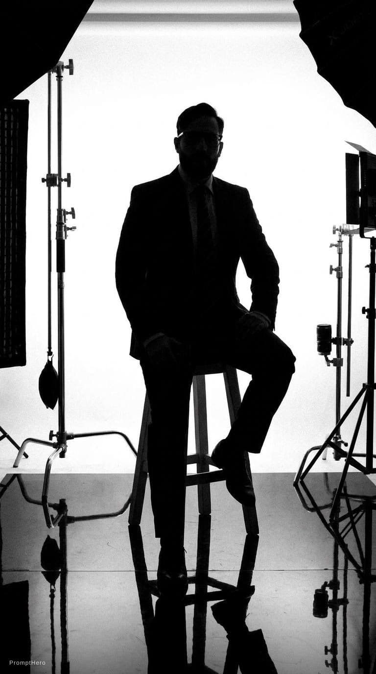 AI generated: Capture a male model's silhouette, white backdrop in photo studio, strong backlit lighting creating ...
