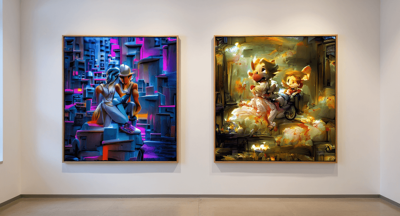 AI generated: these two artworks hanging on the wall in a gallery setting. 1:1 aspect ratio