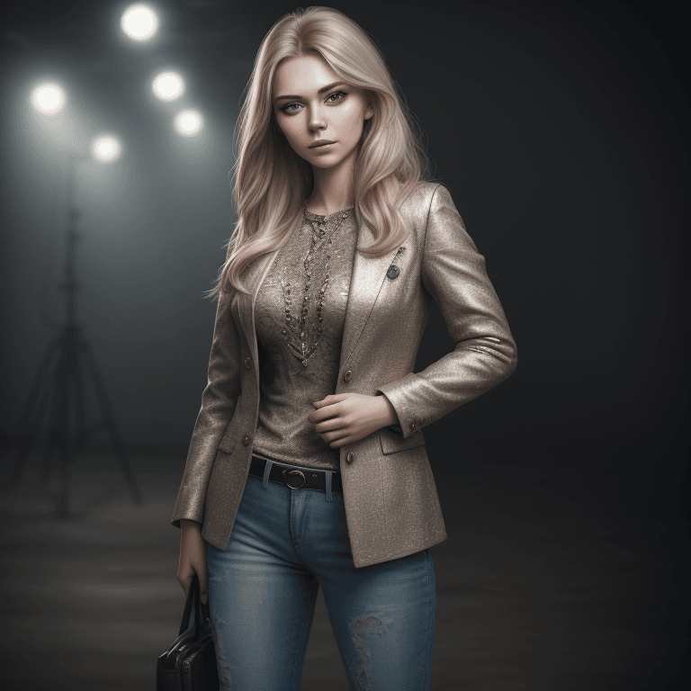 AI generated: Super-Realistic potrait of Nataliya Aleksandrov standing at photoshoot location, worn a detailed tex...
