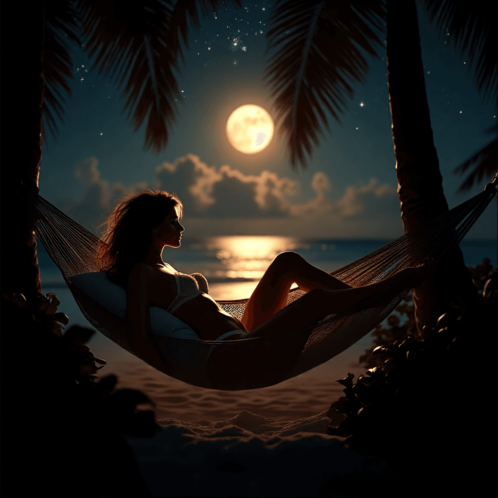 AI generated: A serene scene of a woman lying gracefully in a hammock on a warm Caribbean night, illuminated by th...