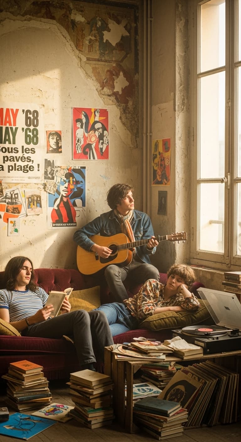 AI generated: A hyper-realistic 1968 Parisian student loft scene: three young bohemians lounging on a vintage velv...
