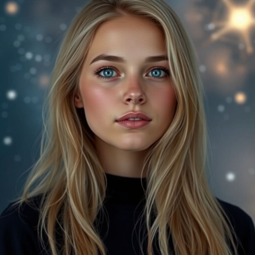AI generated: 22yo,Blond hair, blue eyes, tall, slim. Loves space, constellations, astronomy. Quiet, introverted. ...