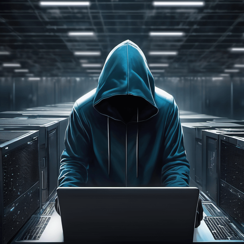 AI generated: intelligent hacker working on laptop, with a hoodie on covering head and obscuring face, in a futuri...