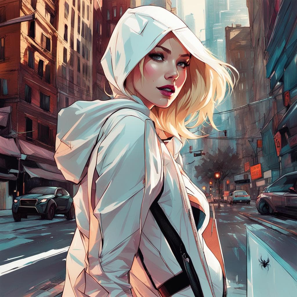 AI generated: Gwen Stacy as a comic book character on a comic book page, classical color, hand drawn coloring, han...