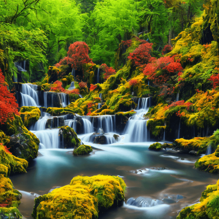 AI generated: foliage, plants, flora, trees, nature, flowers, waterfall, bright, high detail, high resolution, pho...