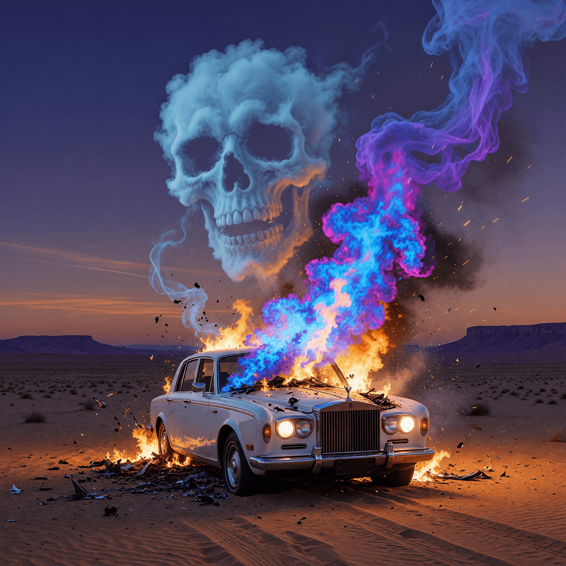AI generated: A dramatic scene in a desert landscape features a classic white luxury car from front on a sandy, ba...