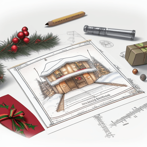AI generated: Drawing for a Christmas card showing an engineering drawing table with a road project and Christmas ...