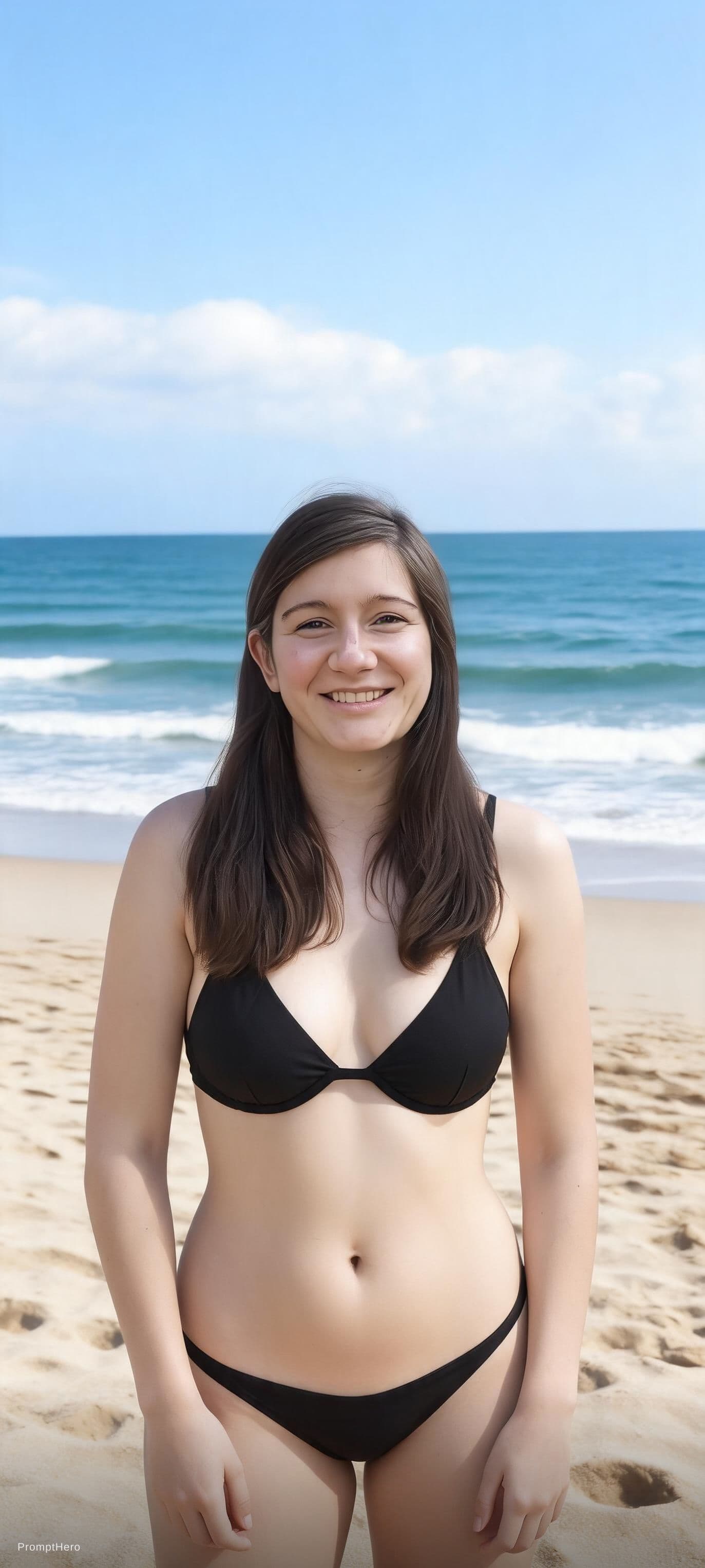 AI generated: Die Frau ist 18 Jahre alt und hat einen Bikini am Strand an.