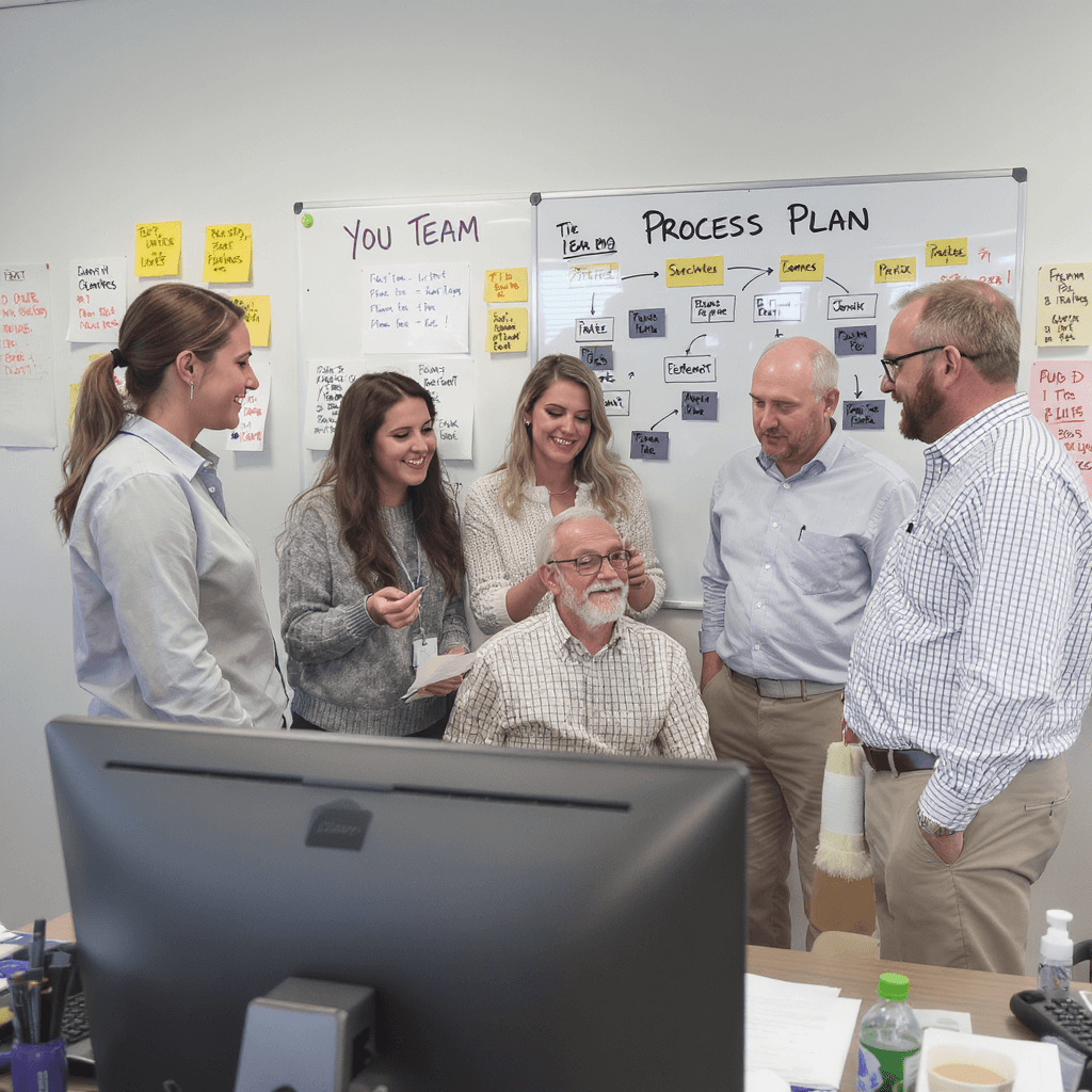 AI generated: an it team in an office. 5 people leisurely dressed. one elderly man and 2 women and 2 other men. di...