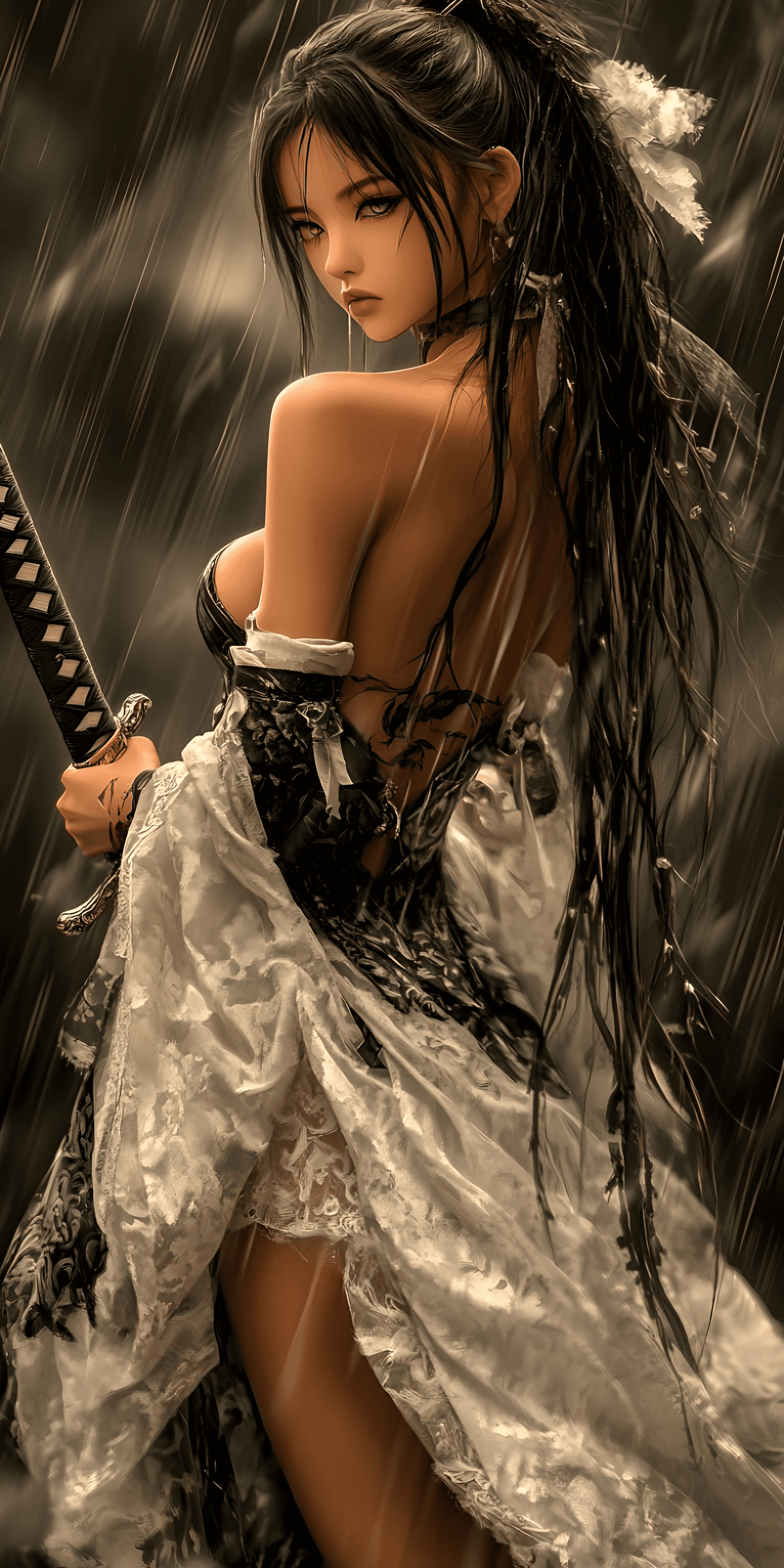 AI generated: A woman stands with her back turned, holding a sword. She has long, dark hair and striking green eye...