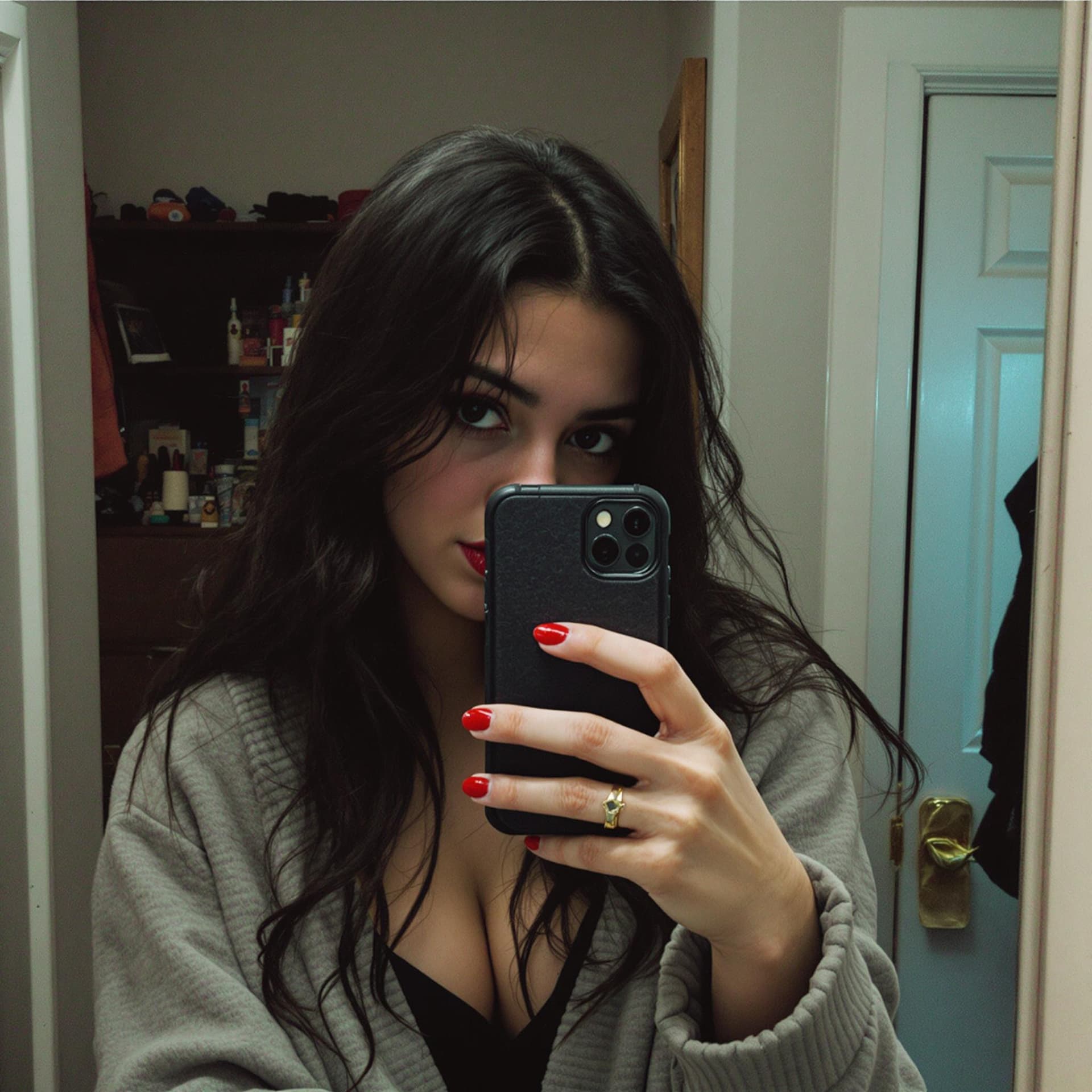 AI generated: low quality phone photo, , a girl realistic, atracttive, alone, indoor, selfie mirror photo, darker ...