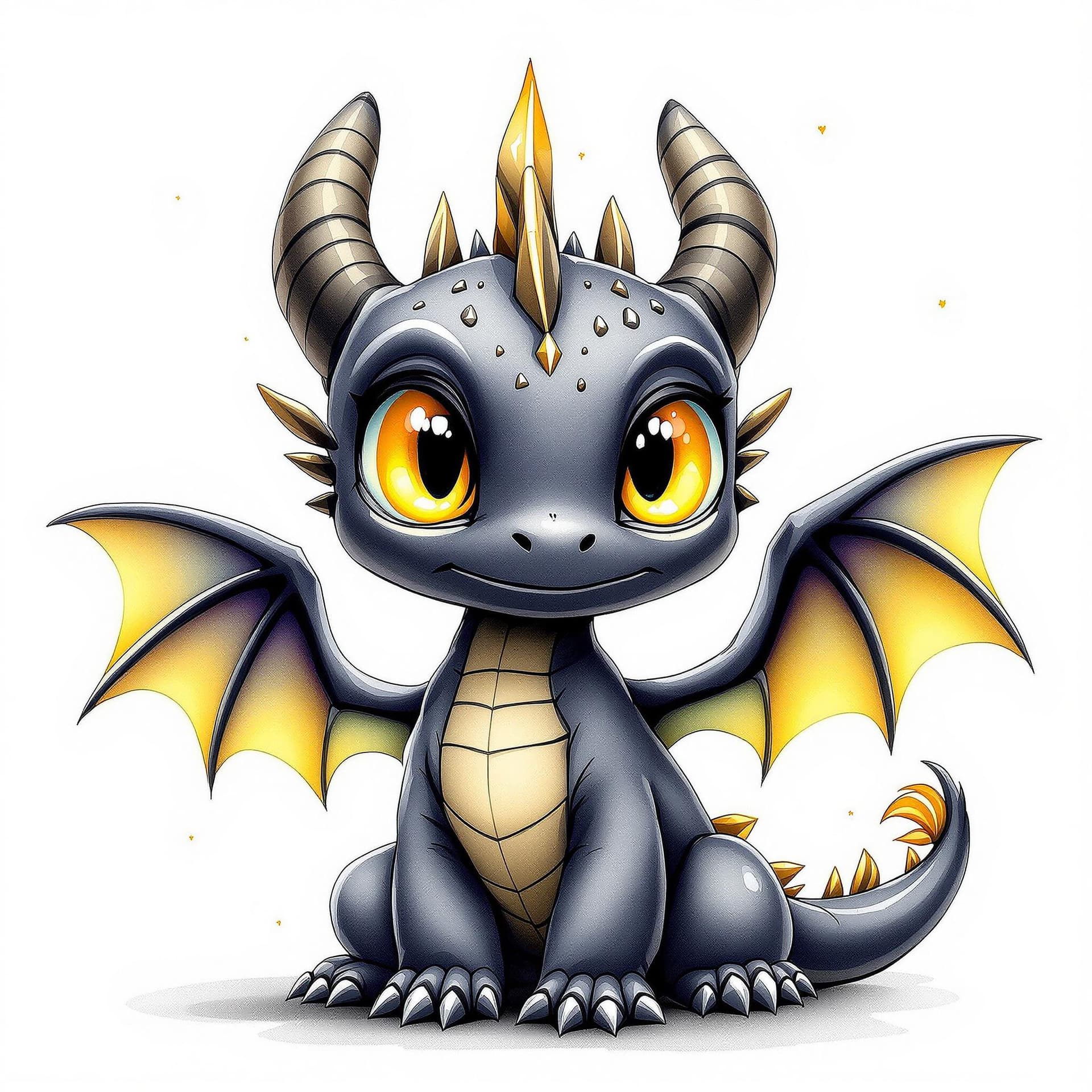 AI generated: Awesome colorful illustration, cute black baby dragon, big yellow eyes and wings, white background, ...