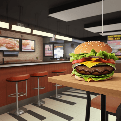 AI generated: Thin burger, realistic photo in a fast food restaurant as background