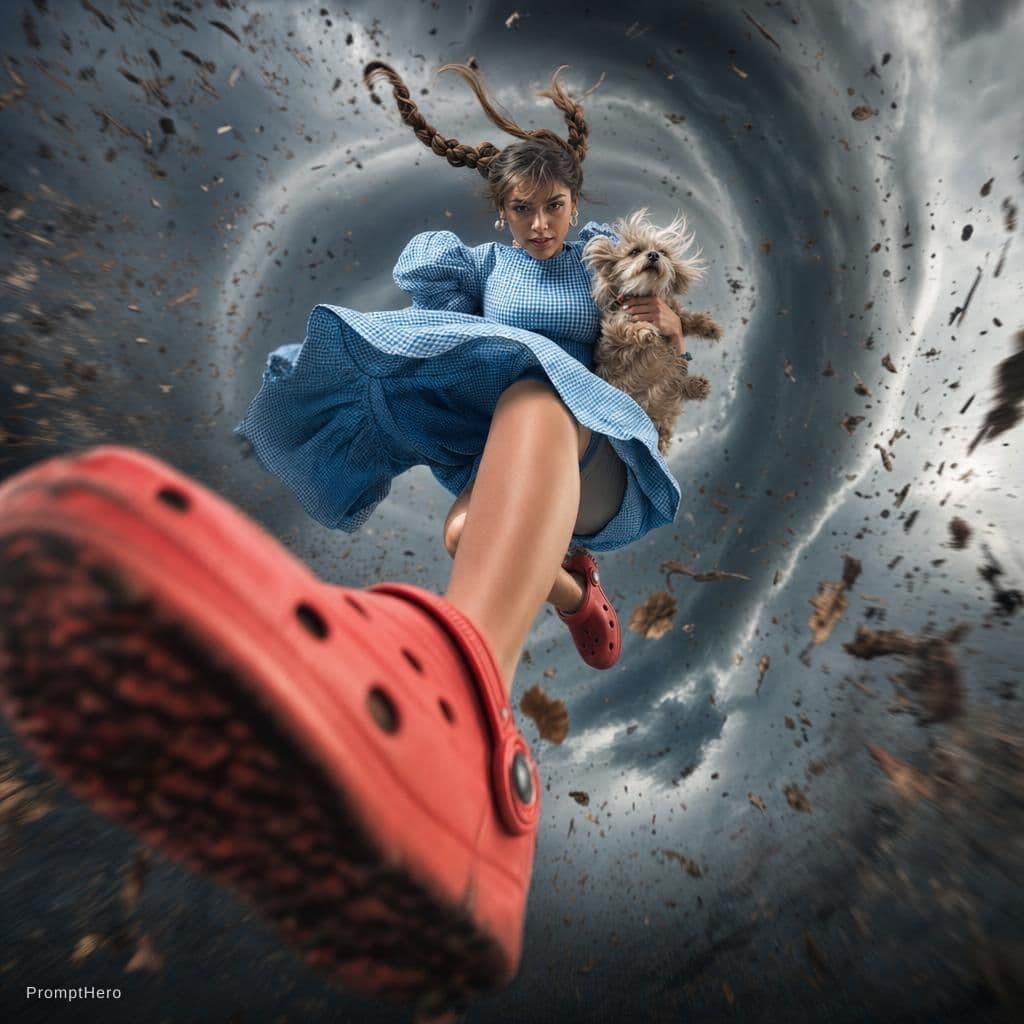 AI generated: {
  "scene": {
    "setting": "inside a swirling tornado",
    "mood": "dramatic and surreal",
 ...