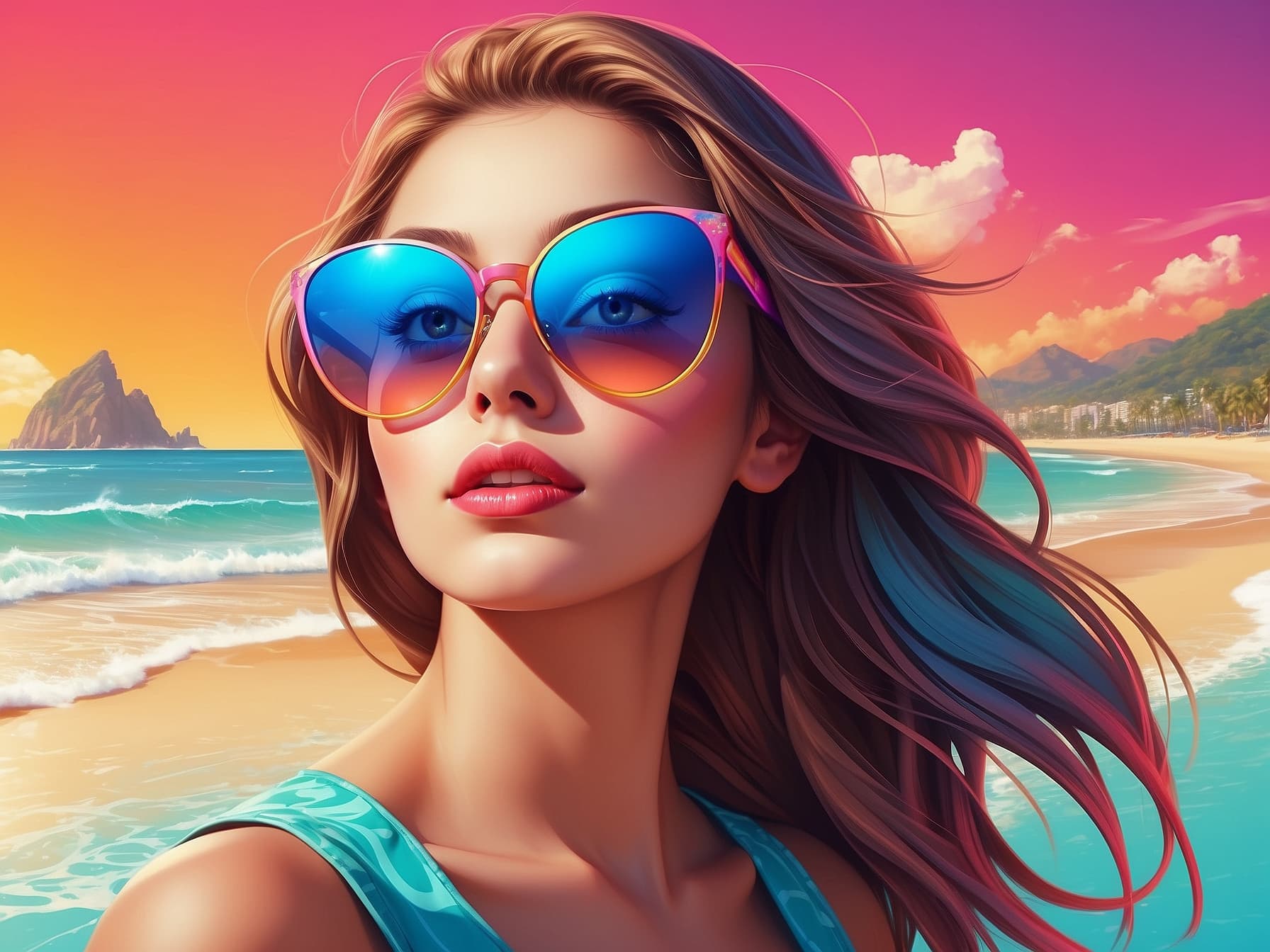 AI generated: a painting of a woman wearing sunglasses on the beach, an airbrush painting by Jan Tengnagel, behanc...