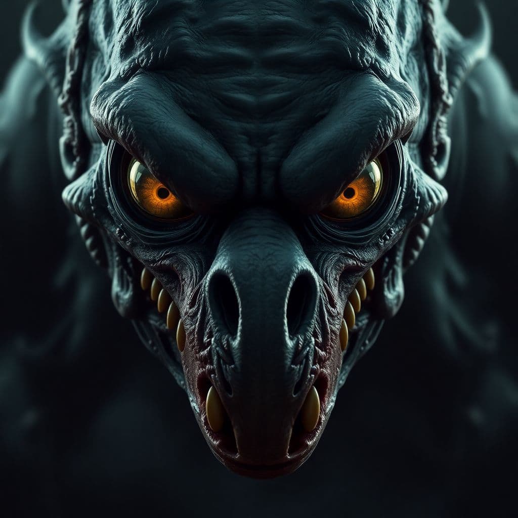 AI generated: Scary creature, flat snout, yellow eyes, horror, dark and haunting, hyperrealism, ultra-detailed, 8k...