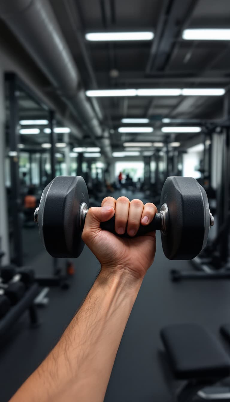 AI generated: POV, I am working out in a gym, holding a dumbbell naturally in my hand. Only my hands are visible i...