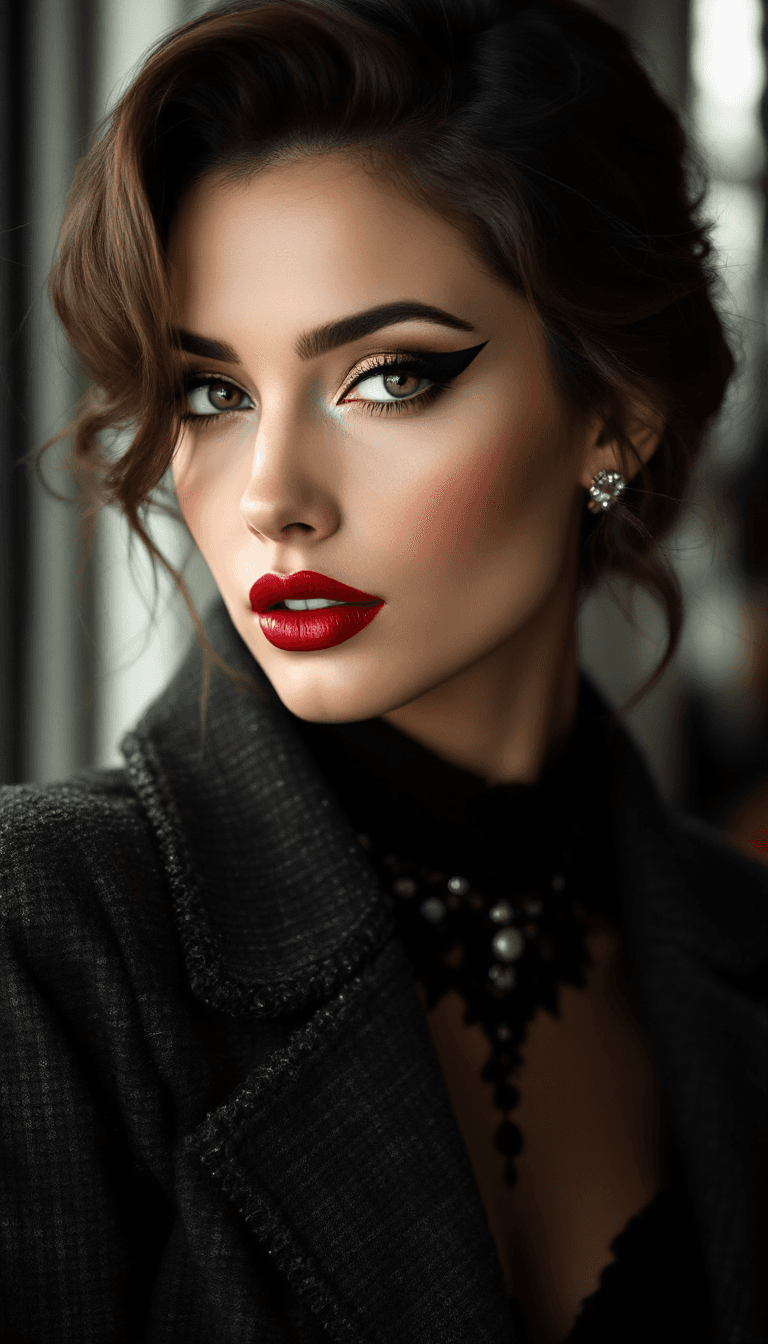 AI generated: Drawing inspiration from past eras, often featuring winged eyeliner, red and brown lips, and soft, r...
