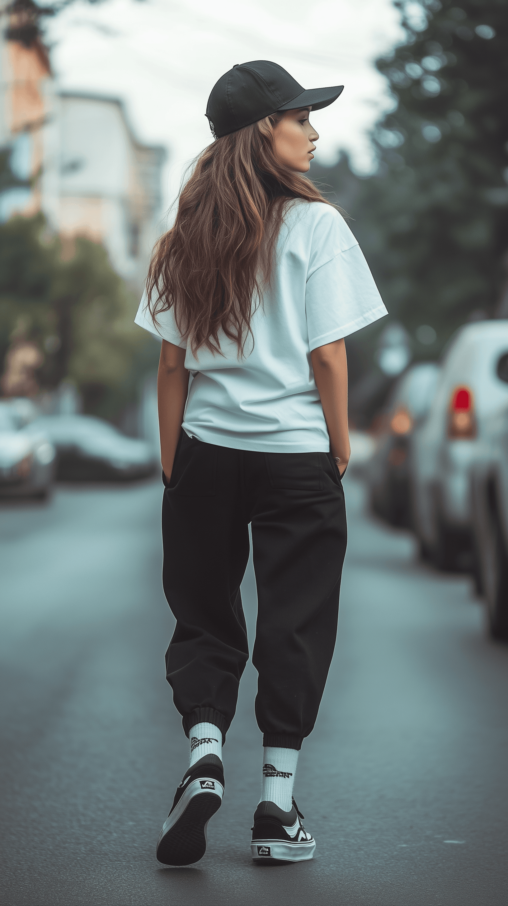 AI generated: photography, rear shot, woman, street fashion, wearing a black cap, over sized white t-shirt, black ...