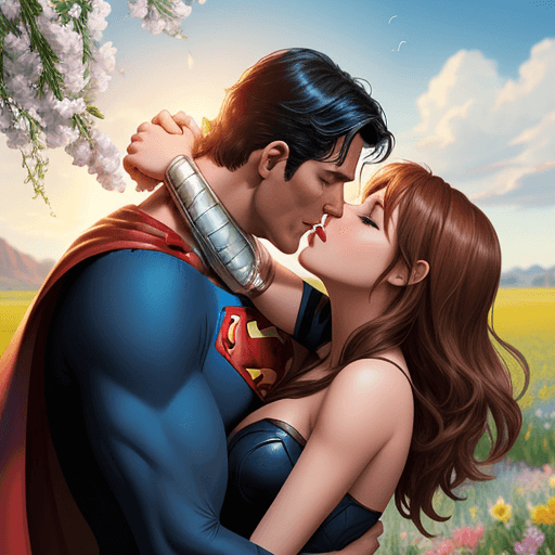 AI generated: Romance illustration, Superman and Batgirl sharing a passionate kiss, romance book, Wild west, set a...
