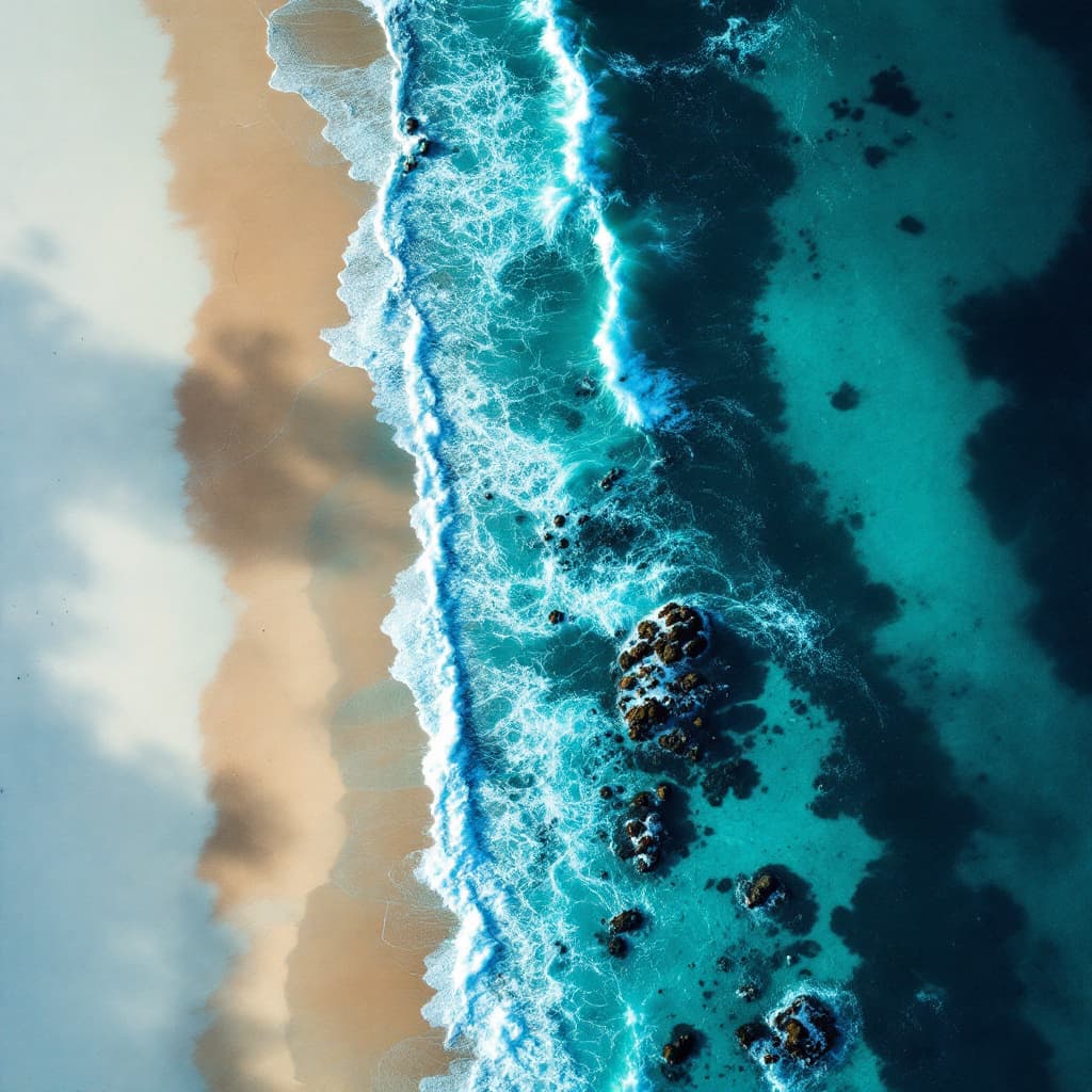 AI generated: A 45 degree downward bird's eye view from above the shoreline of a beach looking forward over the se...