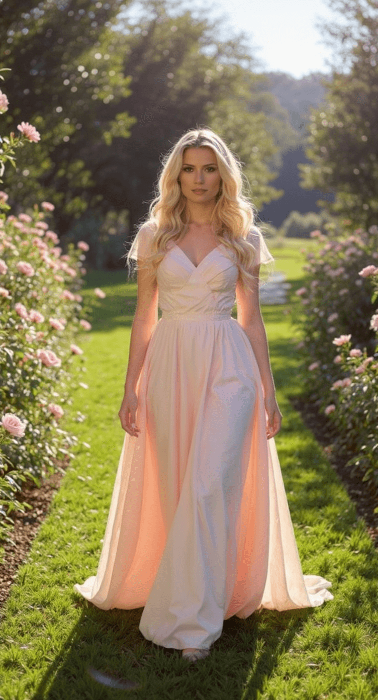 AI generated: A model wearing flowing, airy light pink dress walking gracefully along a winding path huge pink ros...