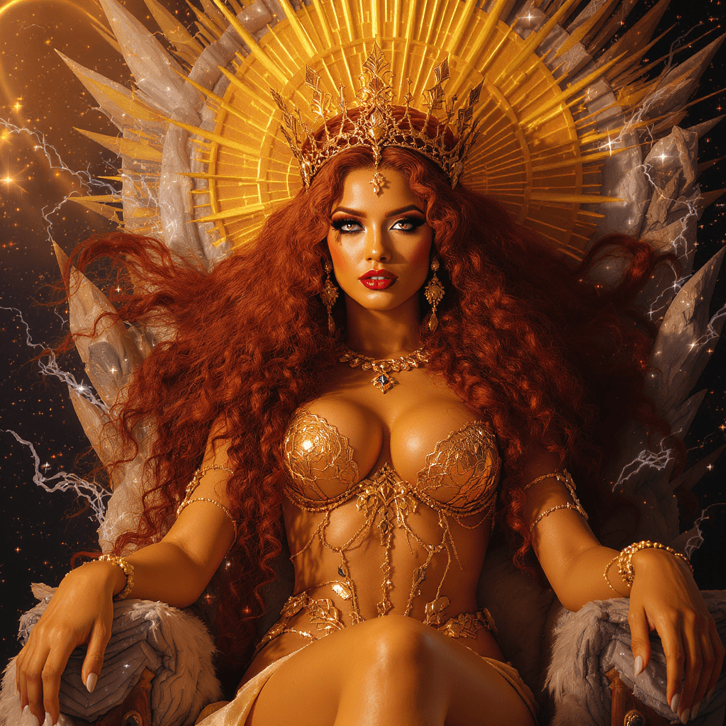 AI generated: ((Close-up portrait)), (RAW Photo), Stunning portrait of the beautiful Queen of the Cosmos, with sun...
