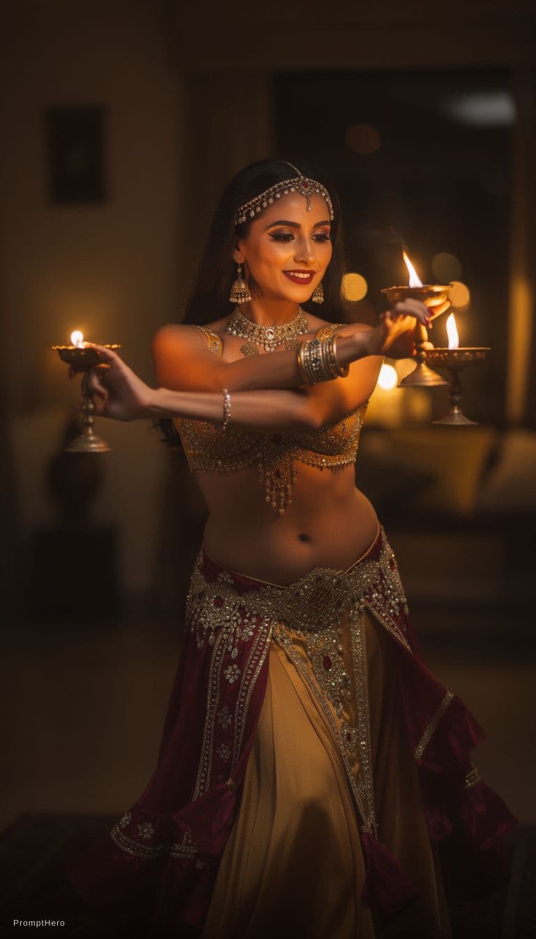 AI generated: 🔹 General Belly Dance Prompt:
"A stunning belly dancer performing with candle-lit props, the warm g...