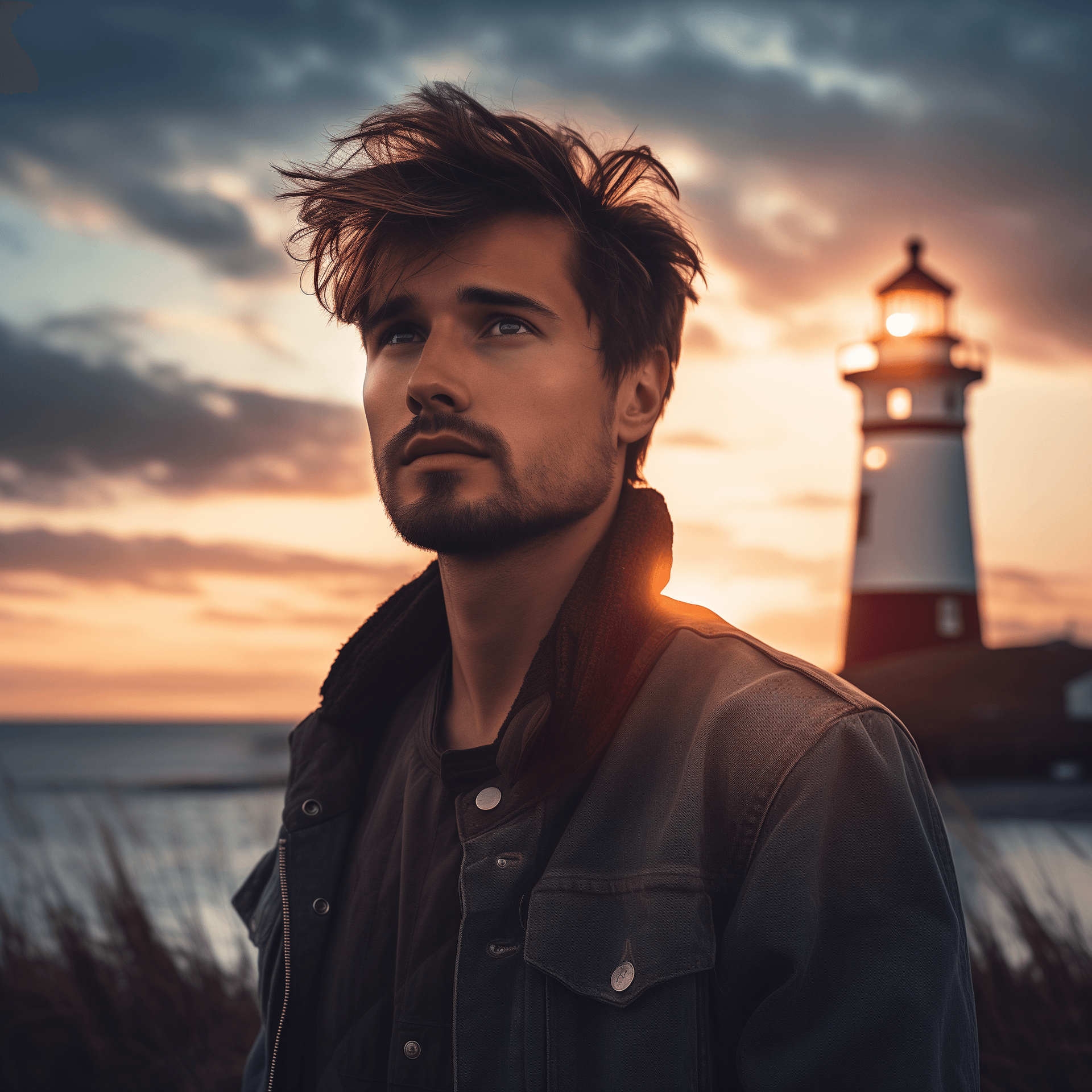 AI generated: ultra high quality photography of beautiful young guy with short dark hair, staring at the sunset, i...